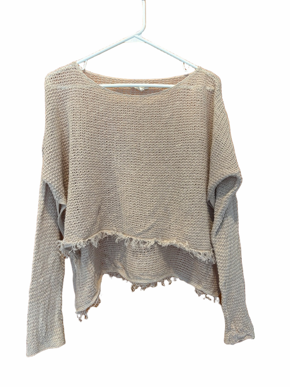 Eileen Fisher Beige Knit Distressed Hem High Low Boatneck Lightweight Sweater